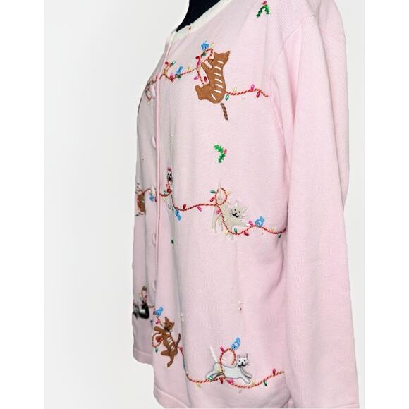 Quacker Factory LG Pink Playful Cat Christmas Light Holiday Sweater Cardigan Top - Picture 5 of 9